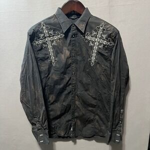 Roar Mens Long Sleeve Button Down Shirt Black Acid Wash Embroidered Cross Large